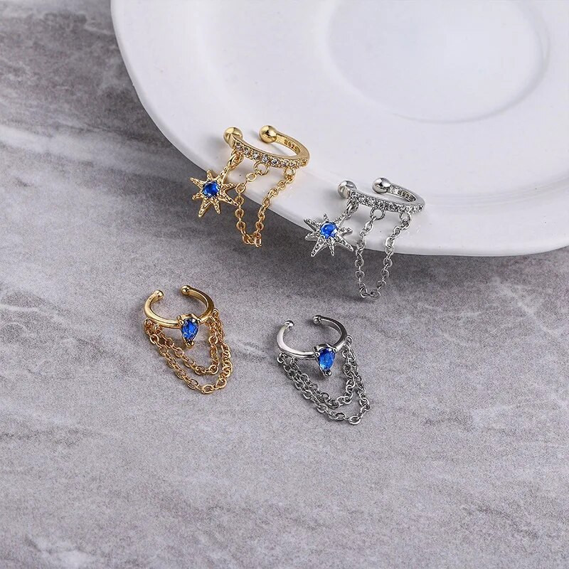 Saites ķēde Ausu saspraudes gliemežnīcas auskari sievietēm franču elegants zelta krāsā Zvaigzne cirkons, necaurdurošs auss aproču rotaslietas vairumtirdzniecība KCE203