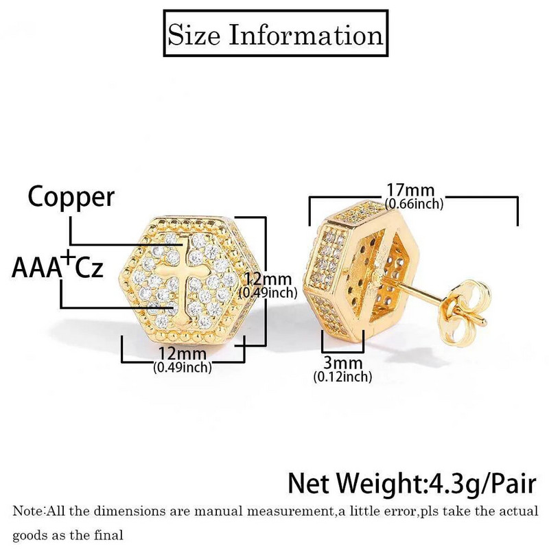 Hiphop Rock Punk Cross Stud Férfi Fülbevaló Iced Out CZ cirkónia Visszacsavarható Piercing Fülbevaló Rapper Homme Gift Fashion Jewelry