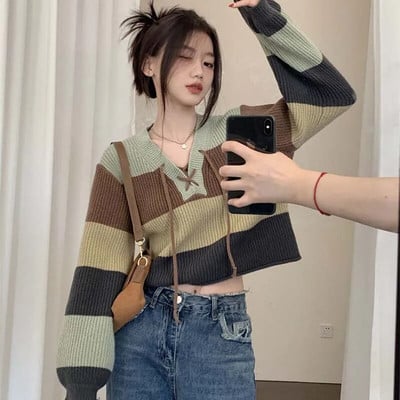 Ριγέ γυναικείο πουλόβερ Φθινοπωρινά χειμωνιάτικα πουλόβερ Κορεάτικου στυλ Πλεκτά μακρυμάνικα σταυρωτά πλεκτά Κορυφαία γραβάτα μόδα Γυναικεία πουλόβερ 2023