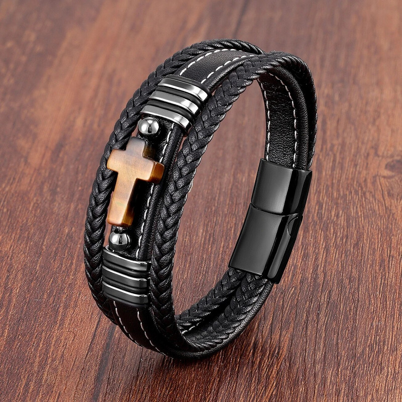 Dabīgā akmens krusts vīriešu rokassprādzes Daudzslāņu auduma ādas aukla Tīģera acs rokassprādzes šarms nerūsējošā tērauda rokassprādzes rotaslietas dāvanas