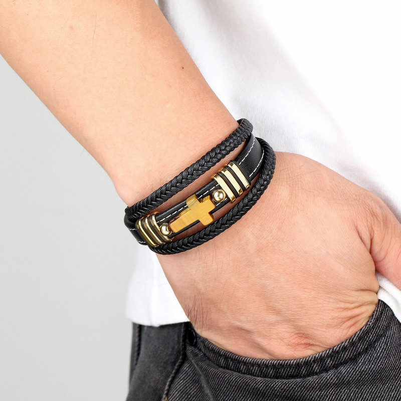 Dabīgā akmens krusts vīriešu rokassprādzes Daudzslāņu auduma ādas aukla Tīģera acs rokassprādzes šarms nerūsējošā tērauda rokassprādzes rotaslietas dāvanas