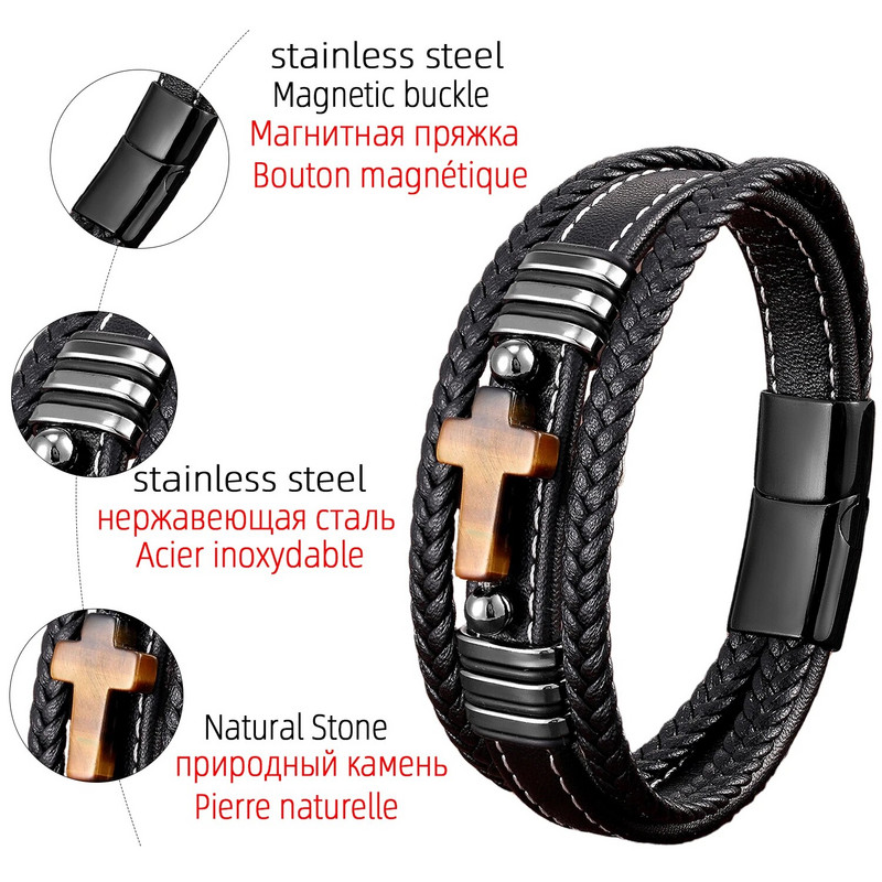 Dabīgā akmens krusts vīriešu rokassprādzes Daudzslāņu auduma ādas aukla Tīģera acs rokassprādzes šarms nerūsējošā tērauda rokassprādzes rotaslietas dāvanas