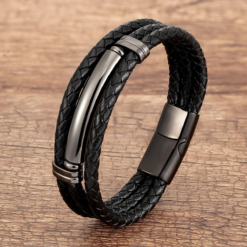 Burvīgs daudzslāņu ādas nerūsējošā tērauda vīriešu rokassprādze Magnētiskā aizdare melna virves ķēde vīriešiem Valentīna dienas rotaslietas dāvanas