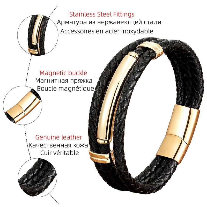 Burvīgs daudzslāņu ādas nerūsējošā tērauda vīriešu rokassprādze Magnētiskā aizdare melna virves ķēde vīriešiem Valentīna dienas rotaslietas dāvanas