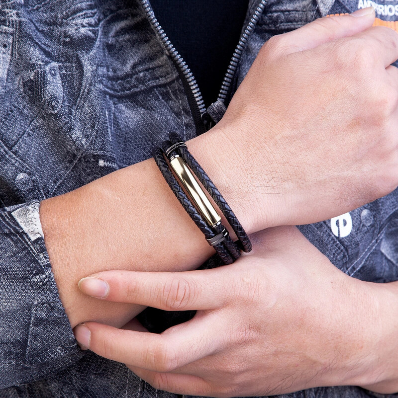 Burvīgs daudzslāņu ādas nerūsējošā tērauda vīriešu rokassprādze Magnētiskā aizdare melna virves ķēde vīriešiem Valentīna dienas rotaslietas dāvanas