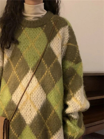 Ретро зелени пуловери Дамски уютни минималистични BF стил Есен Argyle Ежедневни Harajuku широк пуловер с дълъг ръкав Универсален трикотаж