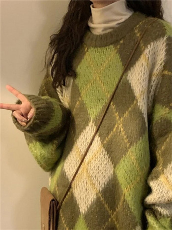 Ρετρό πράσινο πουλόβερ Γυναικεία ζεστά μινιμαλιστικά στυλ BF Φθινοπωρινά Argyle Casual Harajuku φαρδύ πουλόβερ μακρυμάνικο πλεκτά παντός τύπου