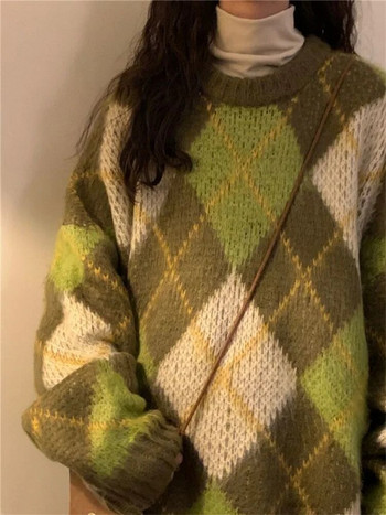 Ρετρό πράσινο πουλόβερ Γυναικεία ζεστά μινιμαλιστικά στυλ BF Φθινοπωρινά Argyle Casual Harajuku φαρδύ πουλόβερ μακρυμάνικο πλεκτά παντός τύπου