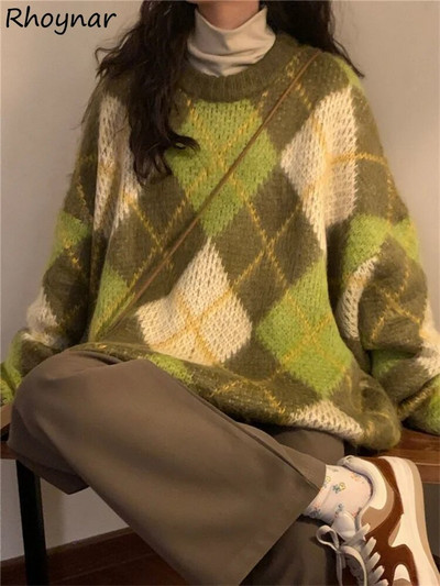 Ретро зелени пуловери Дамски уютни минималистични BF стил Есен Argyle Ежедневни Harajuku широк пуловер с дълъг ръкав Универсален трикотаж