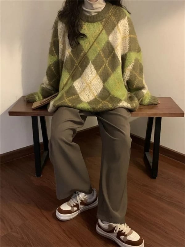 Ρετρό πράσινο πουλόβερ Γυναικεία ζεστά μινιμαλιστικά στυλ BF Φθινοπωρινά Argyle Casual Harajuku φαρδύ πουλόβερ μακρυμάνικο πλεκτά παντός τύπου