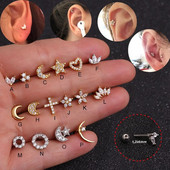 1 ks Piercing do tragusu, hviezdy, srdca, kríža, kvetu a koruny, špirály, náušnice, zlatá a strieborná farba, cikcaková chrupavka