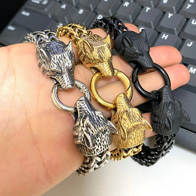 Nerūsējošā tērauda pīts vintage vikingu skandināvu vilka ķēdes rokassprādze 19/21/23 cm vīriešiem Dominējošas roka motociklistu ballītes rotaslietas