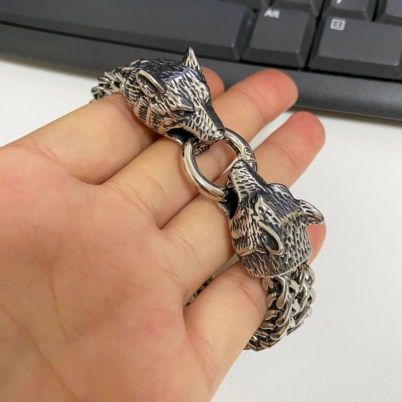 Nerūsējošā tērauda pīts vintage vikingu skandināvu vilka ķēdes rokassprādze 19/21/23 cm vīriešiem Dominējošas roka motociklistu ballītes rotaslietas