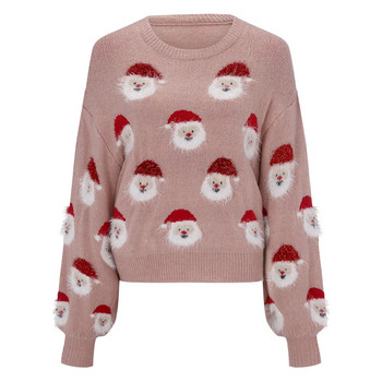 Розов дамски грозен коледен пуловер Сладък плетен пуловер с шарка на Дядо Коледа Есен Зима Плетива с дълъг ръкав Коледен пуловер