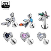 G23 Titanium ASTM F136 pīrsings ķermeņa rotaslietas Labret Studs Tragus lūpu mēle sirds CZ augšējais vītņots pīrsings