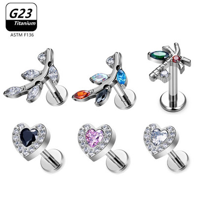 G23 Titanium ASTM F136 Auskarų vėrimas Kūno papuošalai Labret Studs Tragus lūpų liežuvio širdis CZ Viršutinis sriegiuotas auskaras