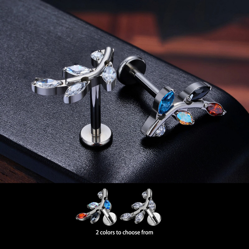 G23 Titanium ASTM F136 pīrsings ķermeņa rotaslietas Labret Studs Tragus lūpu mēle sirds CZ augšējais vītņots pīrsings