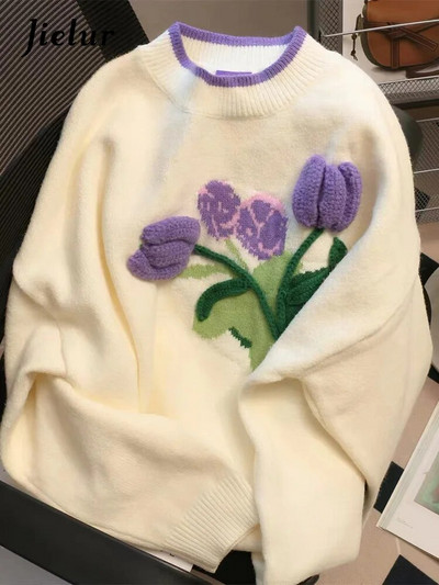 Jielur Fashion delicat lalele floare caise pulover femei toamnă iarnă caldă lejer moale tricotat pulovere femei pulover SL
