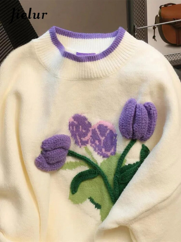 Jielur Fashion delicat lalele floare caise pulover femei toamnă iarnă caldă lejer moale tricotat pulovere femei pulover SL