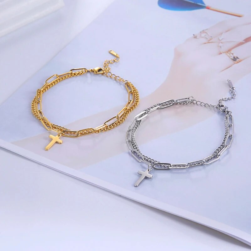 Skyrim oriģinālās krusta šarmu rokassprādzes divslāņu sievietēm vīriešiem nerūsējošā tērauda zelta krāsā reliģiskās kristiešu rotaslietas dāvanas