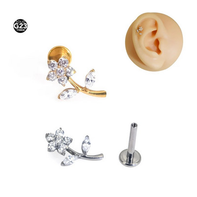 F136 Titanium Top Labret Studs Uzorak hrskavice uha Naušnice Piercing za usne Nakit Cvijet ruže PROBUŠILAC ZA UŠI Cvjetni CZ popločan
