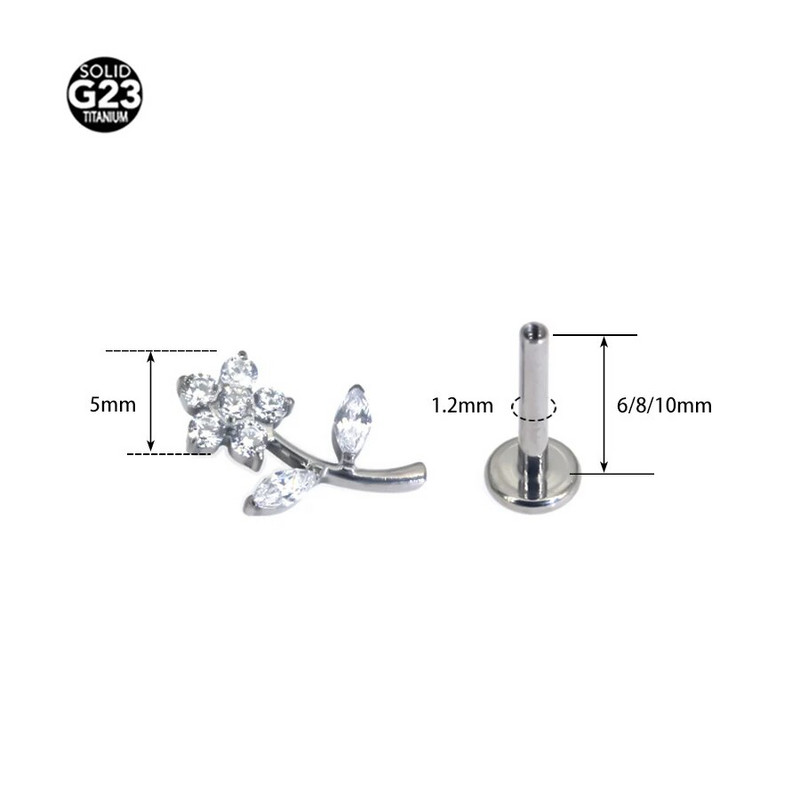 F136 Titanium Top Labret Kniedes Ausu Skrimšļa raksts Auskari Lūpu Kniedes Pīrsings Rotaslietas Rožu zieds EAR PIERC Zieds CZ Bruģēts