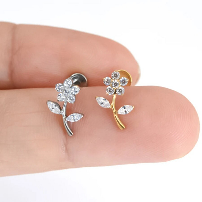 F136 Titanium Top Labret Kniedes Ausu Skrimšļa raksts Auskari Lūpu Kniedes Pīrsings Rotaslietas Rožu zieds EAR PIERC Zieds CZ Bruģēts