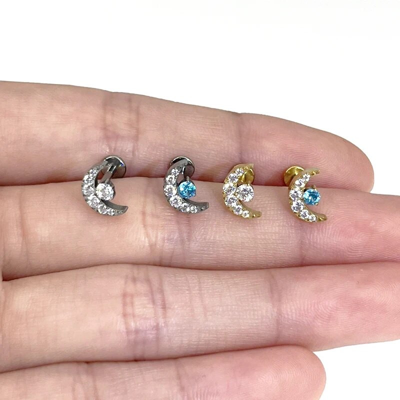 1PC G23 Titanium Gold dilatācijas ausīm Gem Moon Labret lūpu stieņa gredzens auss skrimslis Tragus Helix pīrsings iekšējā skrūve