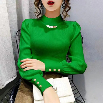 Пуловер с висока яка за жени Есен Зима Нова корейска тънка плетена горна риза с дълги ръкави