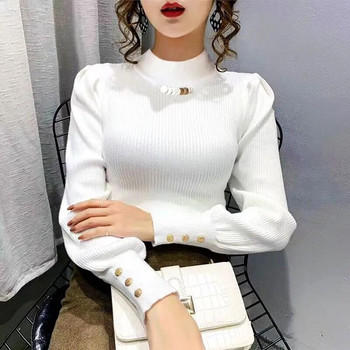 Γυναικείο πουλόβερ με ψηλή λαιμόκοψη Φθινοπωρινό Χειμώνα Νέο Κορεάτικο μακρυμάνικο μονόχρωμο πουκάμισο με λεπτή εφαρμογή