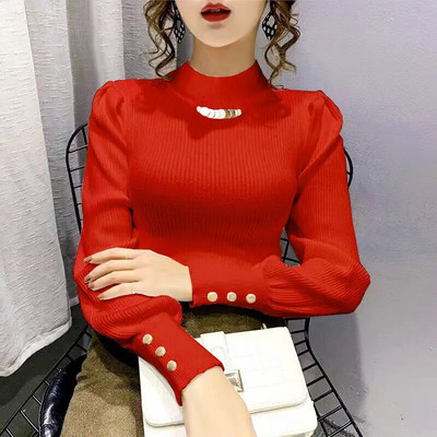 Sieviešu džemperis ar augstu apkakli Rudens ziema Jauns korejiešu garās piedurknes, pieguļošs trikotāžas krekls vienkrāsains apakšā