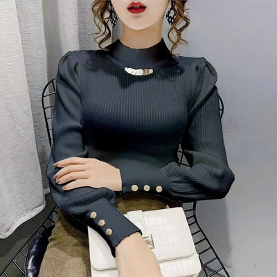 Sieviešu džemperis ar augstu apkakli Rudens ziema Jauns korejiešu garās piedurknes, pieguļošs trikotāžas krekls vienkrāsains apakšā