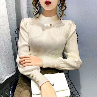 Sieviešu džemperis ar augstu apkakli Rudens ziema Jauns korejiešu garās piedurknes, pieguļošs trikotāžas krekls vienkrāsains apakšā