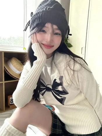 ADAgirl White Bow Graphic Sweater Дамски пуловер с полувисока яка Kawaii с дълъг ръкав Тесни дрехи Y2k Aesthetics Есенни зимни дрехи