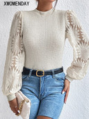 Elegáns csipke női pulóverek, divatos kötött, hosszú ujjú felsők, alkalmi rózsaszín, O-nyakú pulóverek őszi tél új kötöttáruban 2023