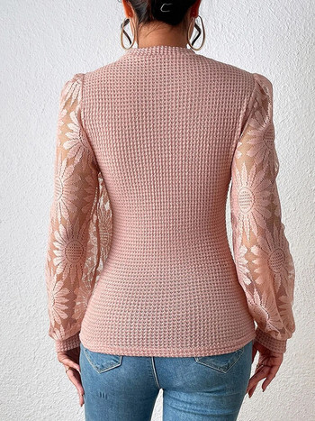 Κομψά δαντελένια γυναικεία πουλόβερ μόδας πλεκτά μακρυμάνικα μπλουζάκια casual ροζ πουλόβερ με λαιμόκοψη Φθινόπωρο Χειμώνας Νέα σε πλεκτά 2023
