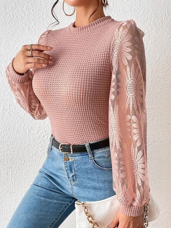 Elegáns csipke női pulóverek, divatos kötött, hosszú ujjú felsők, alkalmi rózsaszín, O-nyakú pulóverek őszi tél új kötöttáruban 2023