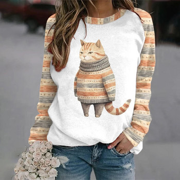 Βαμβακερά μακρυμάνικα μπλουζάκια για γυναίκες Funny Kawaii Cat Animals Φούτερ με εκτύπωση Γυναικεία χαριτωμένη γυναικεία πουλόβερ με λαιμόκοψη
