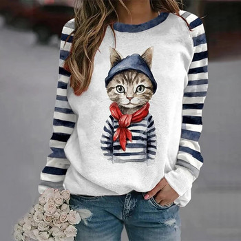 Памучни тениски с дълъг ръкав за жени Забавни суичъри с щампи на котки и животни в стил Kawaii Женски сладък пуловер с О-образно деколте Дамски суичър