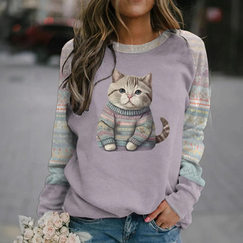 Памучни тениски с дълъг ръкав за жени Забавни суичъри с щампи на котки и животни в стил Kawaii Женски сладък пуловер с О-образно деколте Дамски суичър