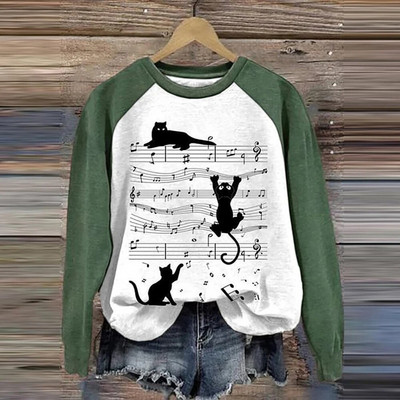 Pamut hosszú ujjú pólók nőknek Vicces Kawaii Cat Animals Nyomtatott pulóverek Női Aranyos O-nyakú pulóver, Női pulóver