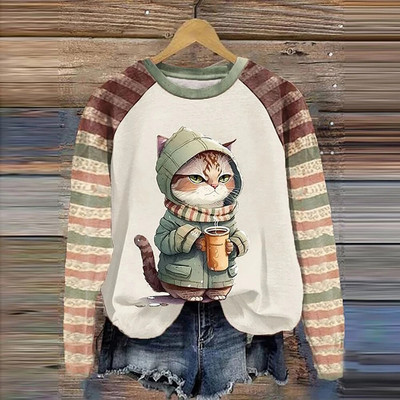 Pamut hosszú ujjú pólók nőknek Vicces Kawaii Cat Animals Nyomtatott pulóverek Női Aranyos O-nyakú pulóver, Női pulóver