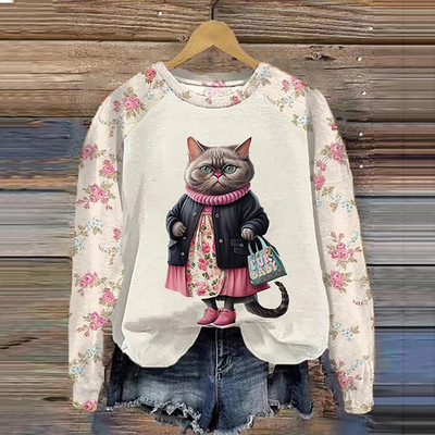 Pamut hosszú ujjú pólók nőknek Vicces Kawaii Cat Animals Nyomtatott pulóverek Női Aranyos O-nyakú pulóver, Női pulóver