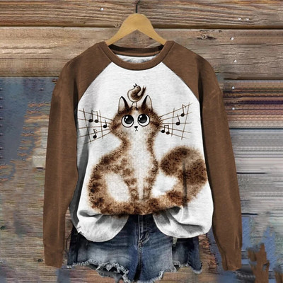 Pamut hosszú ujjú pólók nőknek Vicces Kawaii Cat Animals Nyomtatott pulóverek Női Aranyos O-nyakú pulóver, Női pulóver