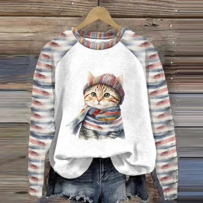 Pamut hosszú ujjú pólók nőknek Vicces Kawaii Cat Animals Nyomtatott pulóverek Női Aranyos O-nyakú pulóver, Női pulóver