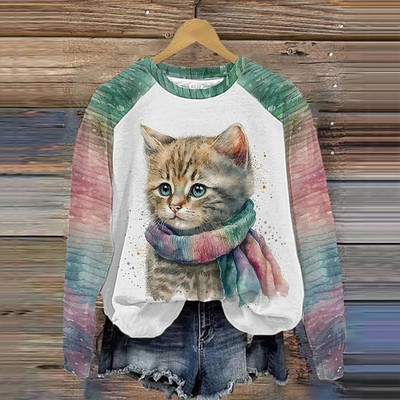 Pamut hosszú ujjú pólók nőknek Vicces Kawaii Cat Animals Nyomtatott pulóverek Női Aranyos O-nyakú pulóver, Női pulóver