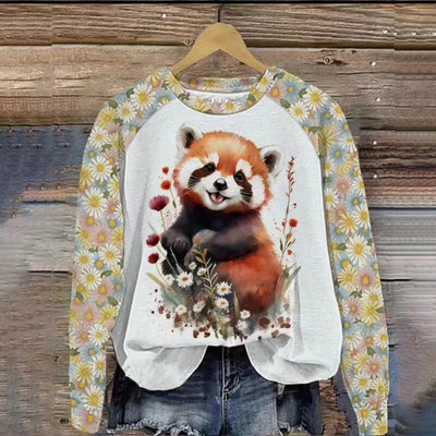 Pamut hosszú ujjú pólók nőknek Vicces Kawaii Cat Animals Nyomtatott pulóverek Női Aranyos O-nyakú pulóver, Női pulóver