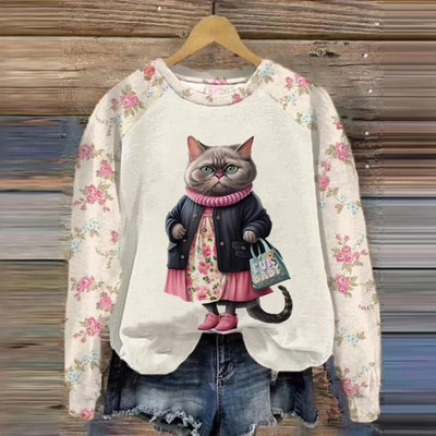 Pamut hosszú ujjú pólók nőknek Vicces Kawaii Cat Animals Nyomtatott pulóverek Női Aranyos O-nyakú pulóver, Női pulóver