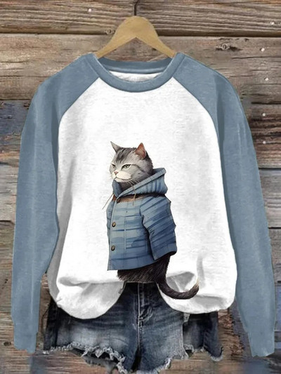 Pamut hosszú ujjú pólók nőknek Vicces Kawaii Cat Animals Nyomtatott pulóverek Női Aranyos O-nyakú pulóver, Női pulóver