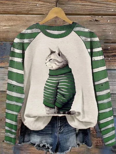 Pamut hosszú ujjú pólók nőknek Vicces Kawaii Cat Animals Nyomtatott pulóverek Női Aranyos O-nyakú pulóver, Női pulóver